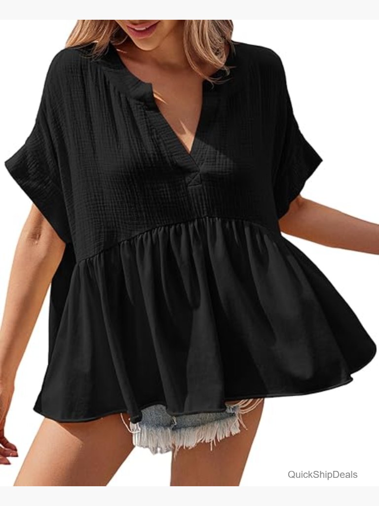 Peplum Babydoll Top Short Sleeve V Neck Flowy Blouse